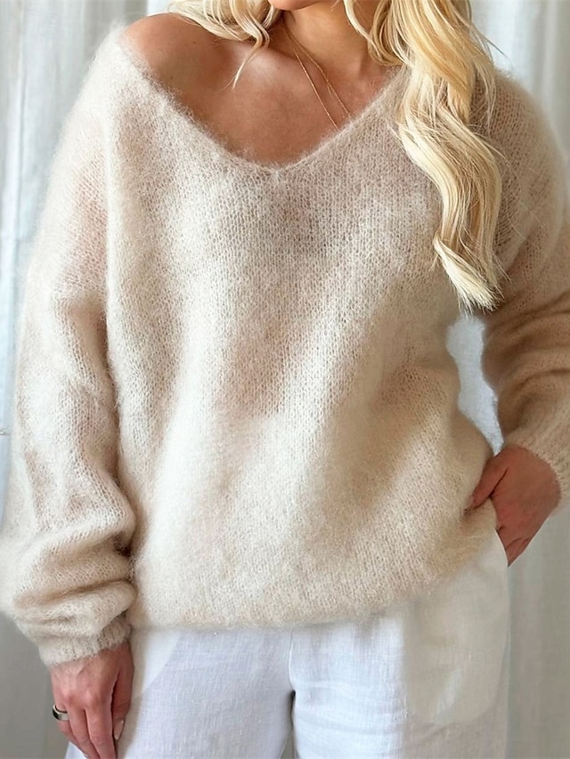 Women's Sweater Pullover Elegant Fashion Cute Solid Color V Neck Knitted Long Sleeve Regular Tops Knit Daily Home Outdoor Blue Pink Fall Winter - Apricot