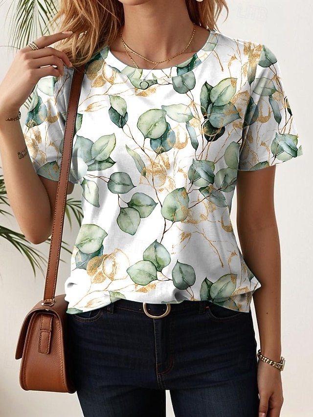Women's T Shirt Print Floral Casual Short Sleeve Round Neck Regular Tops Daily Blue Black White Light Green Purple Summer - Light Green