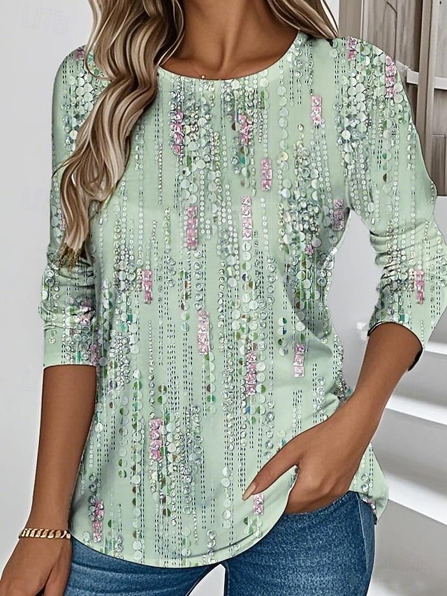 Women's T shirt Long Sleeve Crew Neck Long Sleeve Tunic Graphic Geometric Abstract Elegant Vintage Stylish Regular Tops Daily Print Pink Blue Purple Green Prefall - Green