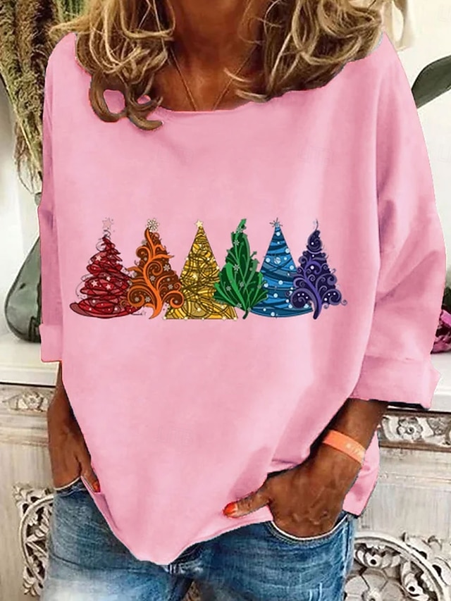 Christmas Women's T Shirt Graphic Bohemia Vintage Fashion Long Sleeve Crew Neck Regular Tops Daily Weekend Print Black Pink Red Blue Green Spring Fall - Pink