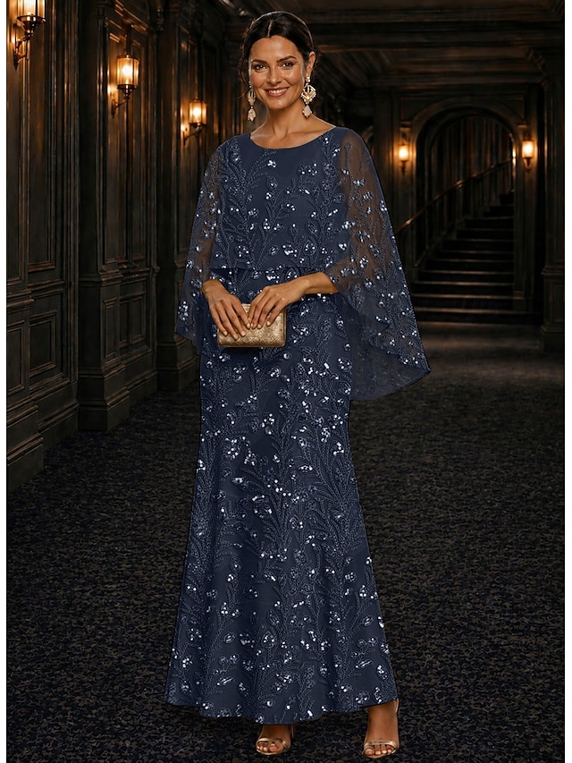 A-Line Dress Floor Length Ankle Length Cocktail Dress Mother of the Bride Dress Long Sleeve Scoop Neck Elegant Luxurious Sparkle & Shine Formal Wedding Guest Semi Formal Lace with Beading Sequin - Dark Navy