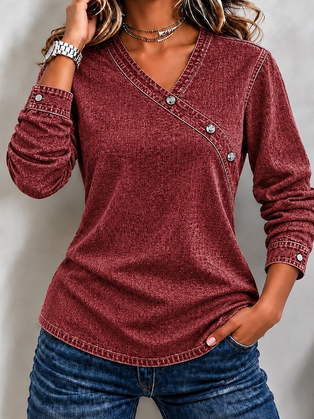 Women's Denim Blouse Demin Shirt Patchwork Buttons Color Block Plain Vintage Stylish Western Long Sleeve V Neck Regular Tops Casual Work Holiday Blue Khaki Wine Spring Fall Winter - Wine