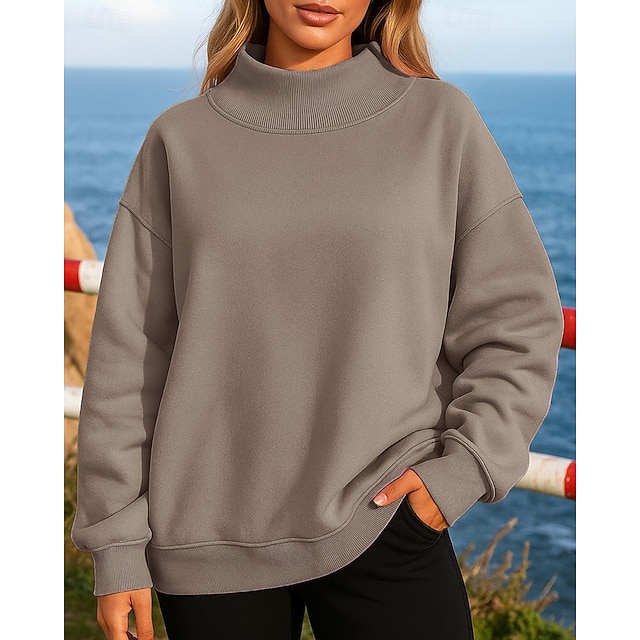 Women's Solid Colored Fleece Sweatshirt Pullover Sweatshirt Fall / Winter Long Sleeve Athleisure Thermal Warm Windproof Hiking Running Workout Black White Pink Sportswear Activewear - Khaki