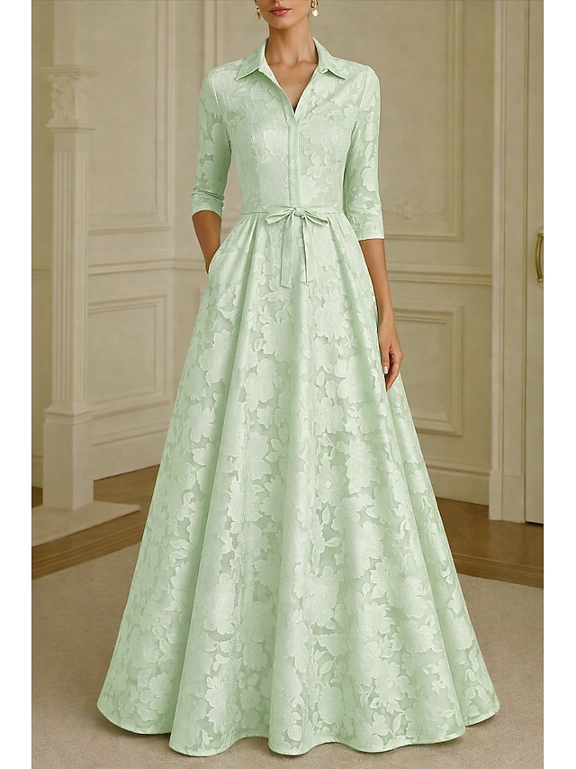 A-Line Floor Length Shirt Dress Formal Dresses Evening Gown Mother of the Bride Dress Long Sleeve Shirt Collar Elegant Vintage Formal Satin Jacquard with Bow(s) Flower - Mint Green