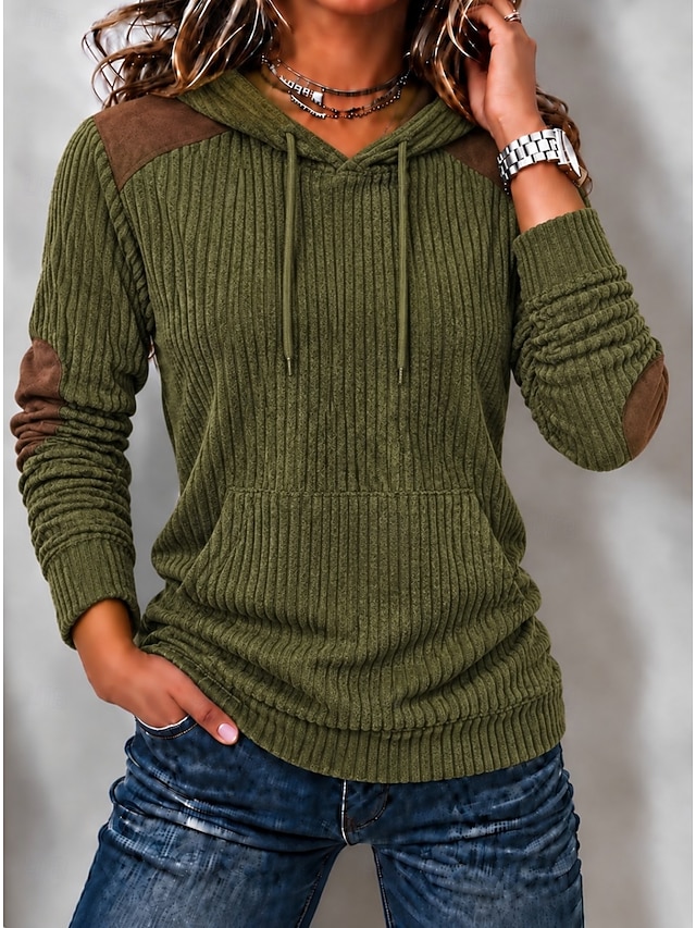 Women's Corduroy Tops Pullover Hoodie Sweatshirt Patchwork Pocket Plain Warm Active Vintage Long Sleeve Hooded Long Tops Casual Home Street Orange Green Fall Winter - Green