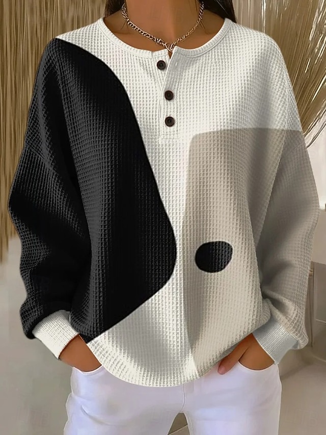 Women's Pullover Sweatshirt Buttons Graphic Geometric Fashion Casual Print Long Sleeve Crew Neck Regular Tops Casual Home Work Black Pink Orange khaki Spring Fall - Black