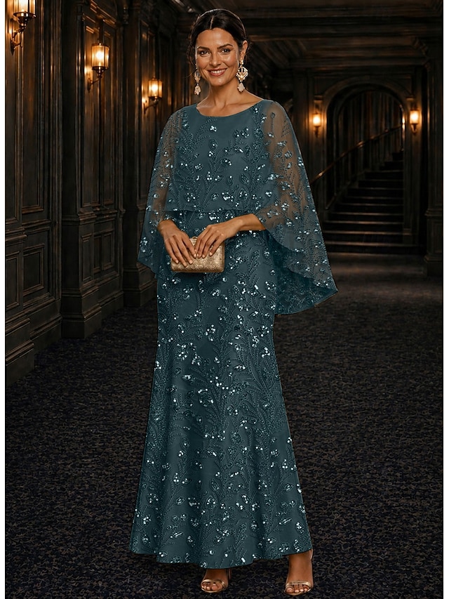 A-Line Dress Floor Length Ankle Length Cocktail Dress Mother of the Bride Dress Long Sleeve Scoop Neck Elegant Luxurious Sparkle & Shine Formal Wedding Guest Semi Formal Lace with Beading Sequin - Emerald Green