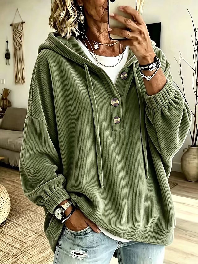 Women's Corduroy Tops Pocket Buttons Classic Modern Casual Long Sleeve Hooded Long Tops Casual Holiday Going out Blue Black Red Green Spring Fall - Green