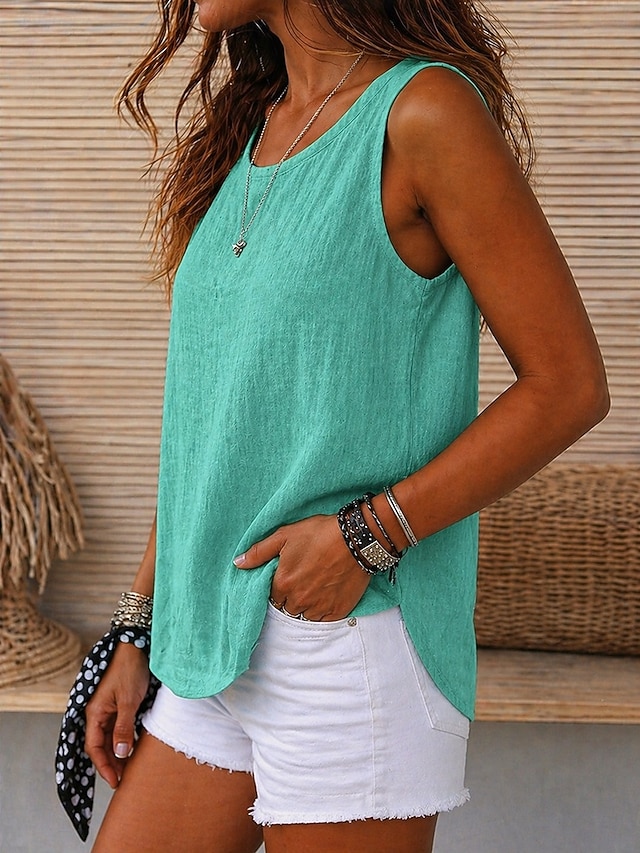 Women's Vintage Cozy 100%Cotton Washed Round Neck Sleeveless Tank Top Casual Black White Sky Blue Orange Violet Summer Spring - Emerald Green