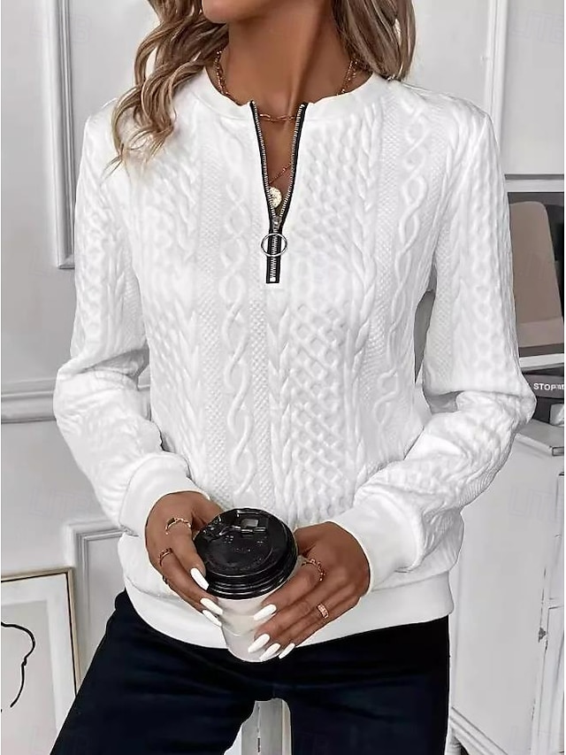 Women's Sweatshirt Elegant Modern Plain Work Crew Neck Zipper Loose Fit Long Sleeve Black White Pink Gray Spring Fall - White