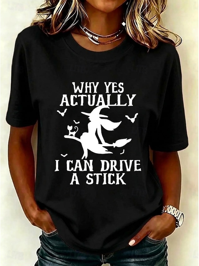 Halloween Women's T Shirt Print Graphic Witch Vintage Stylish Casual Short Sleeve Crew Neck Long Tops Casual Daily Weekend White Black Pink Orange Green Summer Spring Fall Winter - Black