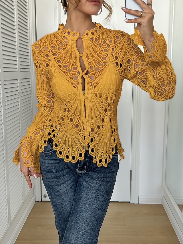 Women's Blouse Lace Solid Color Vintage Stylish Basic Long Sleeve High Neck Regular Tops Casual Daily Party Blue White Black Yellow Pink Summer Spring - Yellow