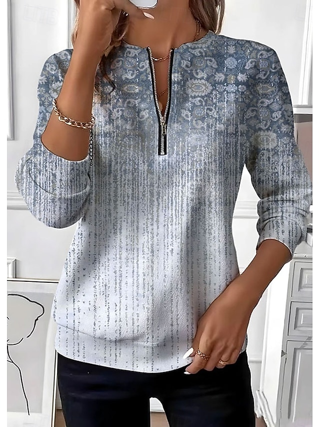 Women's Pullover Sweatshirt Zip Up Sweatshirts Zipper Print Graphic Paisley Fashion Casual Long Sleeve Crew Neck Round Neck Regular Tops Street Dailywear Blue Green Beige Fall Winter - Blue
