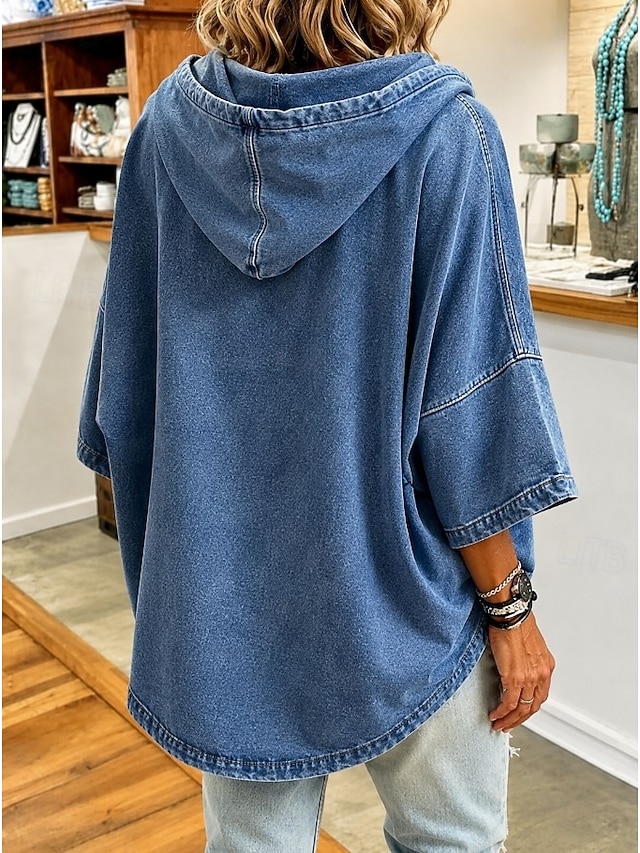 Women's Washed Cotton 100% Cotton Pullover Hoodie Sweatshirt Vintage Western 3/4 Length Sleeve Hooded Long Tops Casual Home Street Blue Black Spring Fall Winter - Blue
