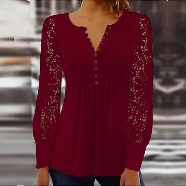 Women's Cotton Lace Shirt Blouse Dressy Tops Elegant Fashion Basic Solid Color Pleated Patchwork Long Sleeve Regular Tops Notched Neck Casual Daily White Red Spring Fall - Red