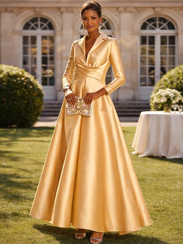 A-Line Floor Length Wedding Guest Dress Formal Dresses Flare Dress Mother of the Bride Dress Long Sleeve Shirt Collar Elegant Formal Wedding Guest Satin with Ruched - Vibrant Yellow