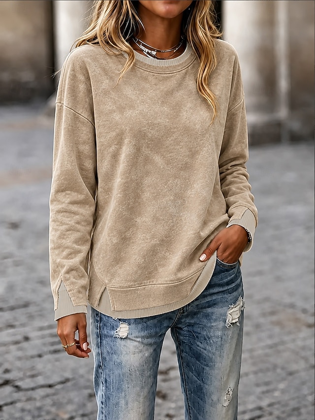 Women's Washed Cotton Pullover Sweatshirt Pullover Patchwork Casual Long Sleeve Crew Neck Long Tops Casual Blue khaki Summer Spring Fall - khaki