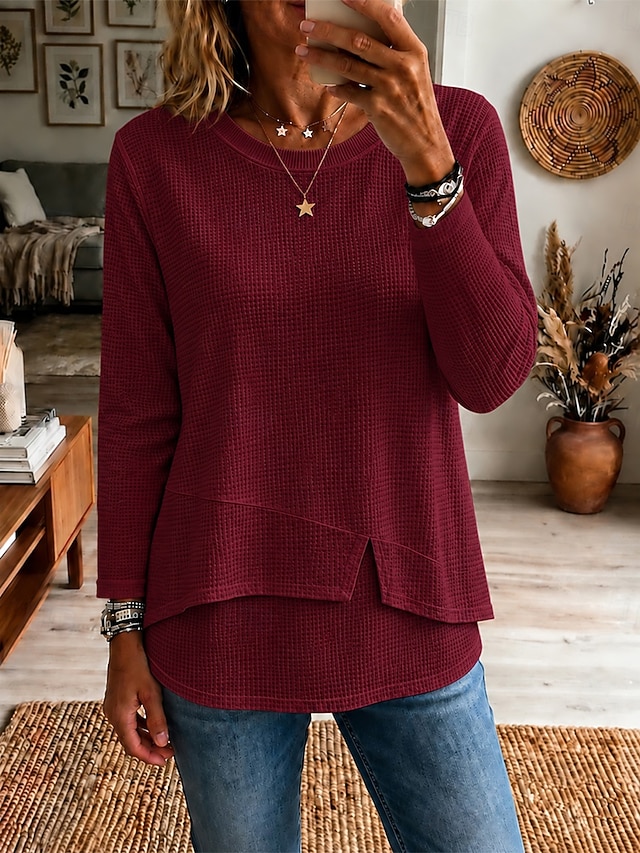 Women's Waffle Knit Long Sleeve 7/8 Sleeve T-Shirt T Shirt White Cotton Top Crew Neck Textured Patchwork Casual Top Longline Shirt Daily White Wine Purple Summer Spring Fall - Wine