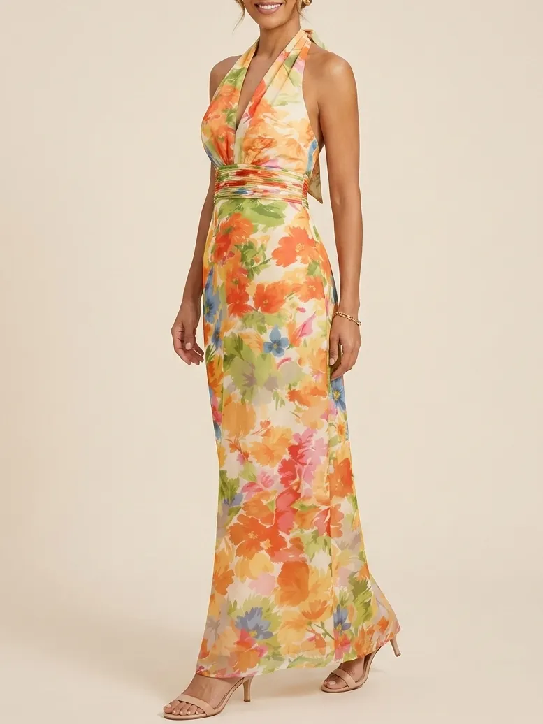 Elegant Floral Halter Chiffon Maxi Dress - Sophisticated Mother of the Bride & Groom Gown - Yellow