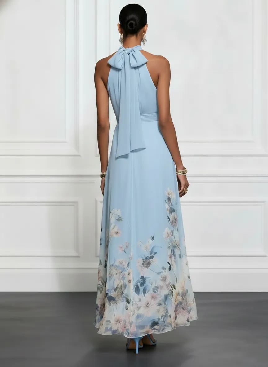 Light Blue Floral Chiffon Halter Sleeveless A-Line Maxi Dress