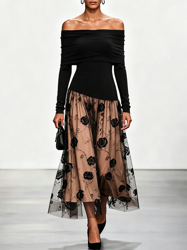 Black Knit Off The Shoulder Long Sleeve A-Line Maxi Dress