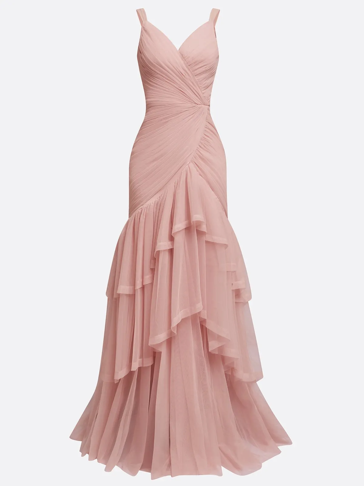 Pink Folds Tulle Spaghetti Sleeveless Mermaid Gown Dress