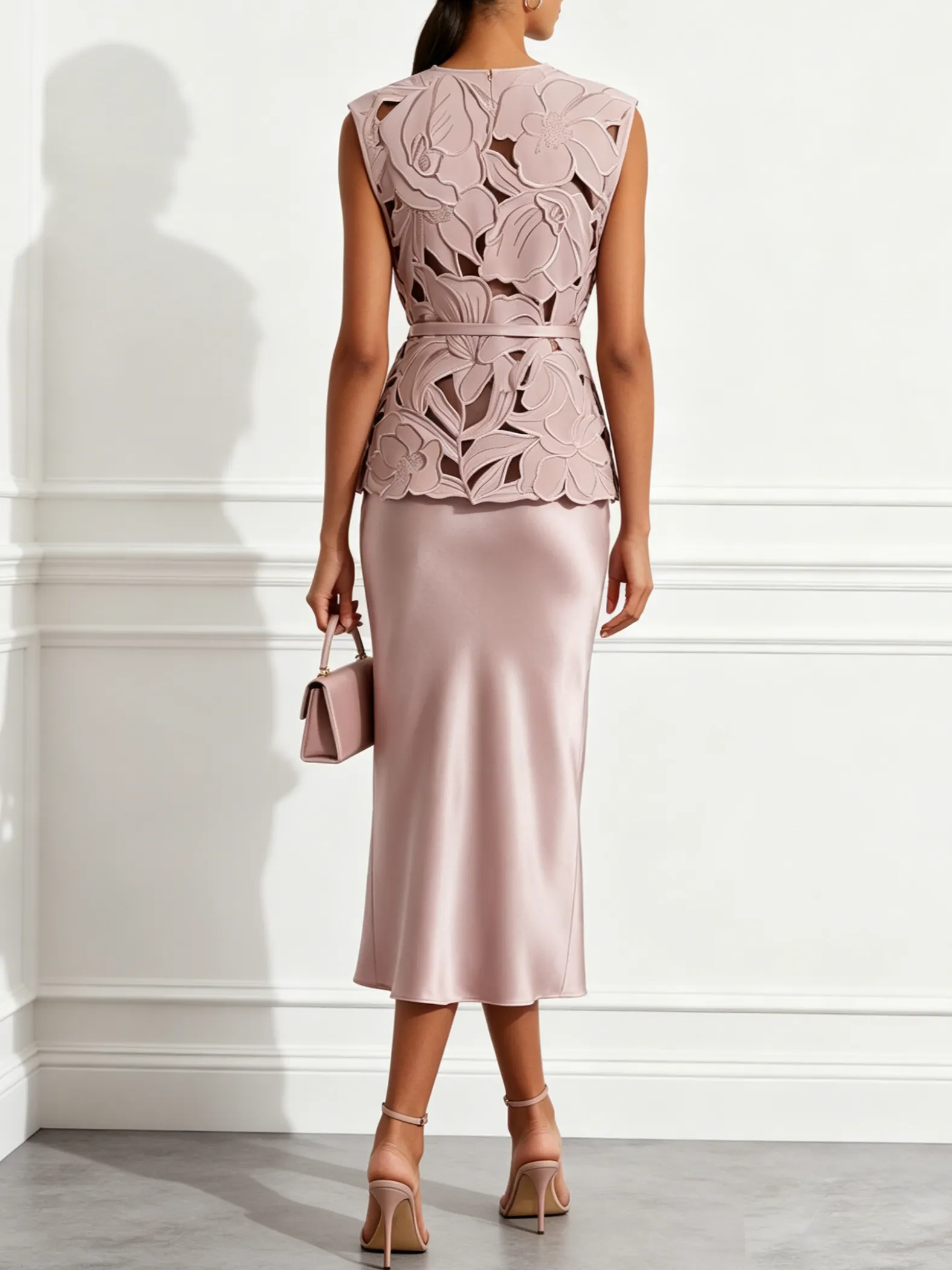 Women Pink Lace Crew Neck Sleeveless Elegant Dress With Top Two-Piece Set