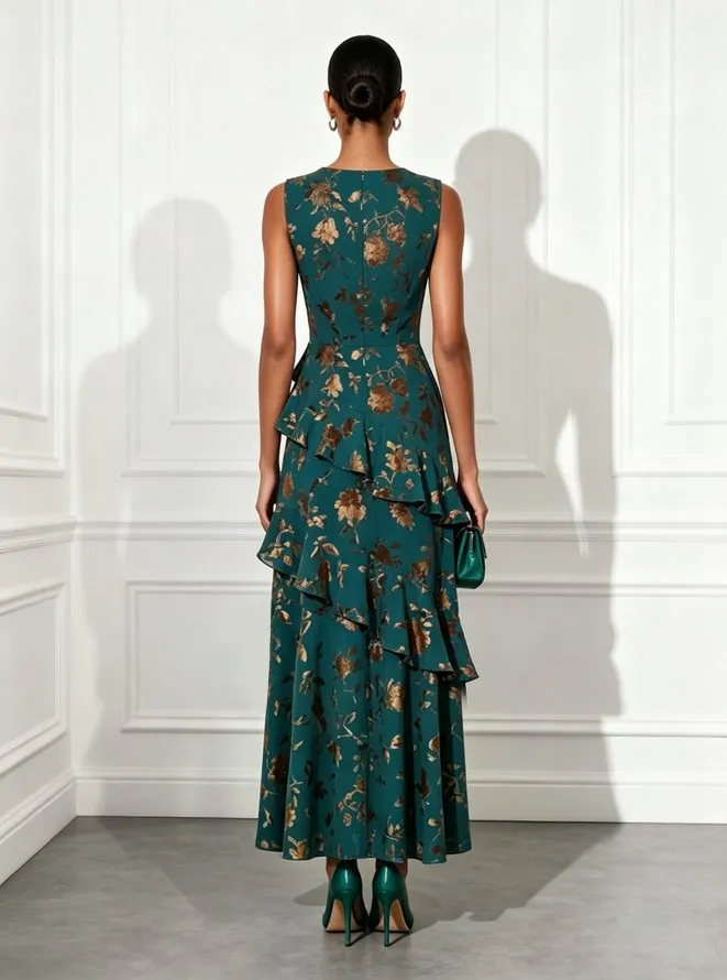 Green Jacquard Ruffled Classic Boat Neck Sleeveless A-Line Maxi Dress