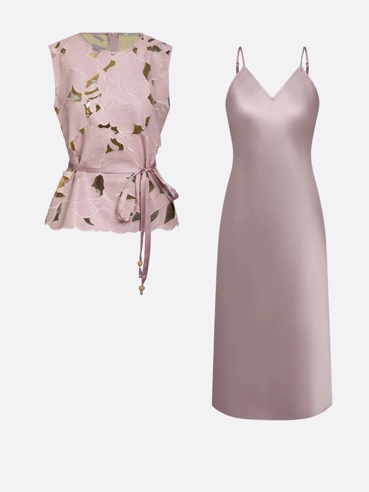 Women Pink Lace Crew Neck Sleeveless Elegant Dress With Top Two-Piece Set