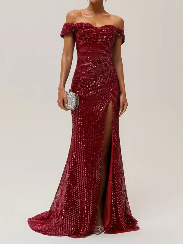 Blue Ruched Slit Sequin Off The Shoulder Short Sleeve Sheath Gown