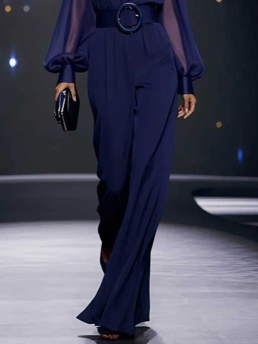 Dark Blue Mesh V Neck Balloon Sleeve Chiffon Wide-Leg Jumpsuit With Pockets