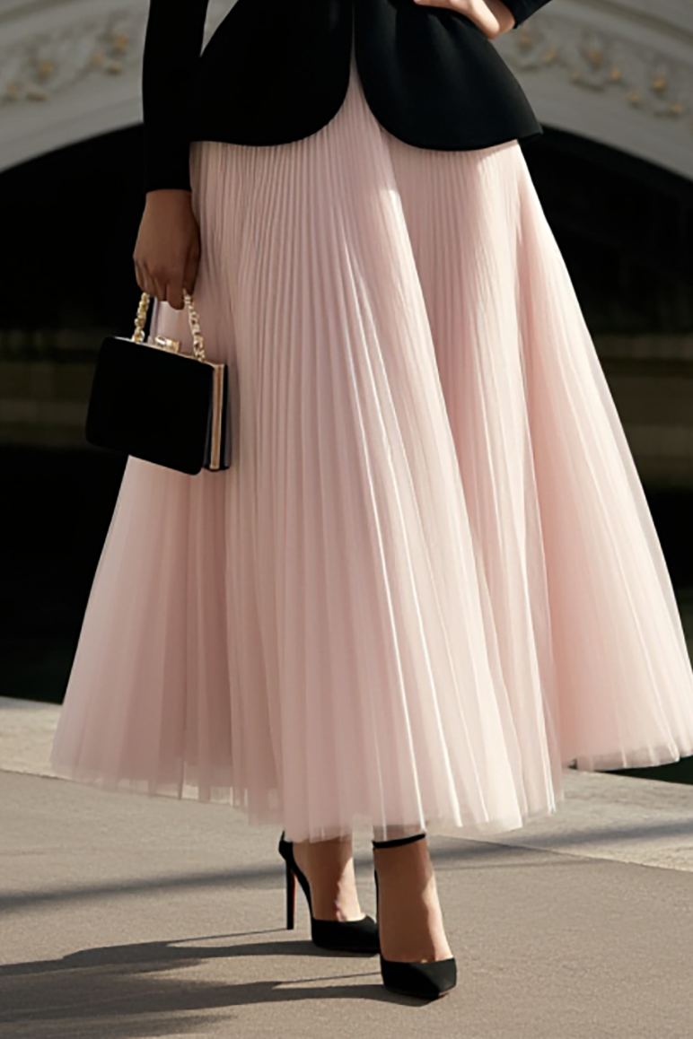 Cocktail Party Skirt Sets Black Long Sleeve Top Pink Pleated Maxi Skirt