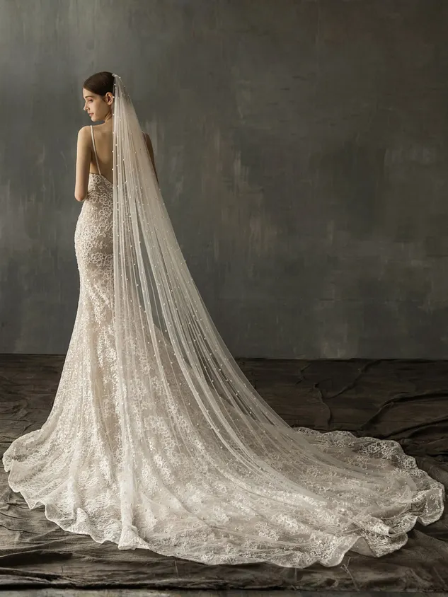 Hand-Sewn Hair Comb Pearls Long Train Soft Tulle Bridal Veil