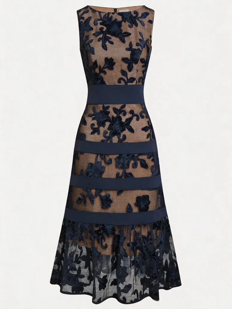 Purplish Blue Lace Jacquard Boat Neck Sleeveless A-Line Midi Dress