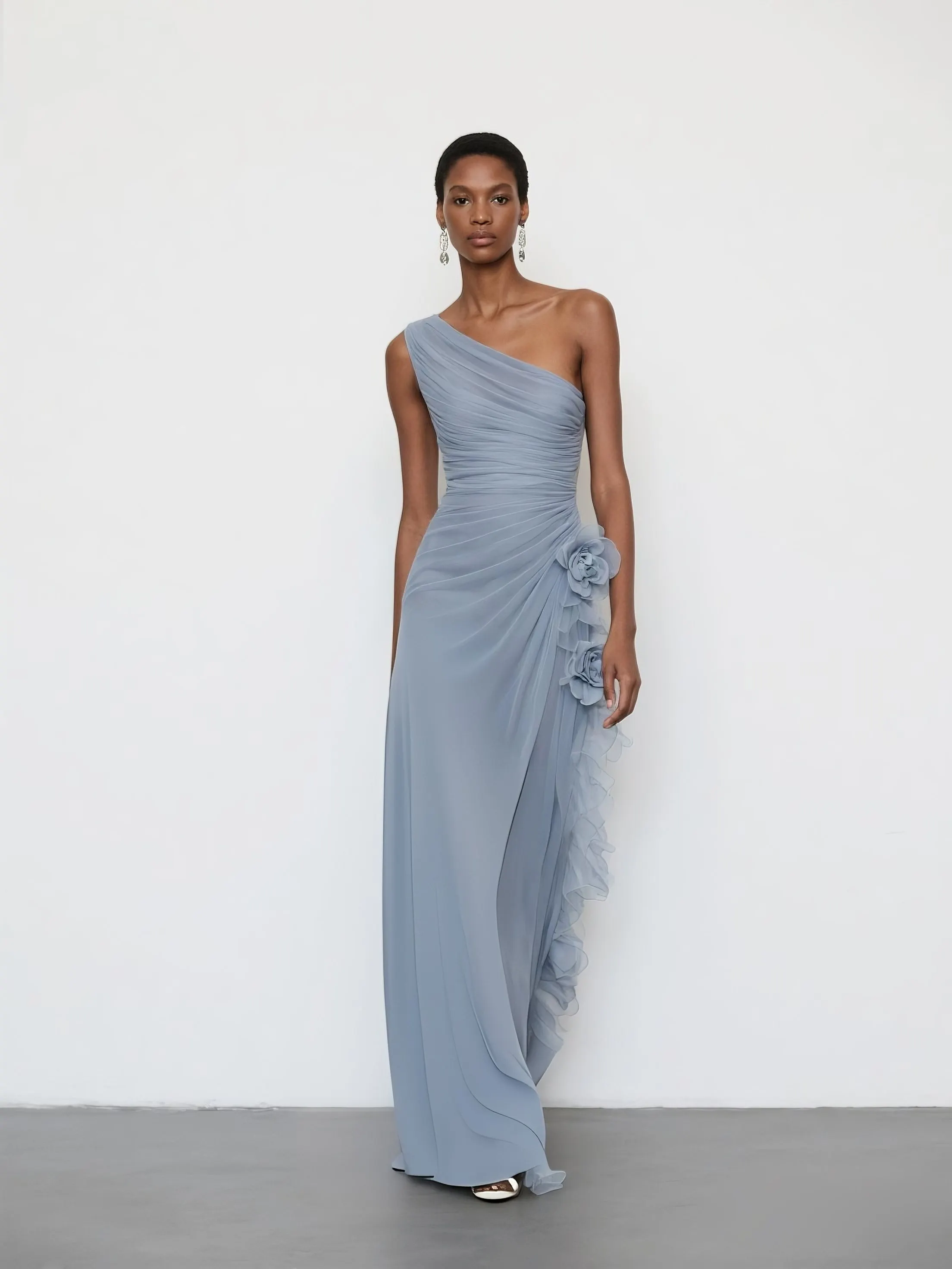 Light Blue 3D Floral Chiffon One Shoulder Sleeveless Sheath Maxi Dress
