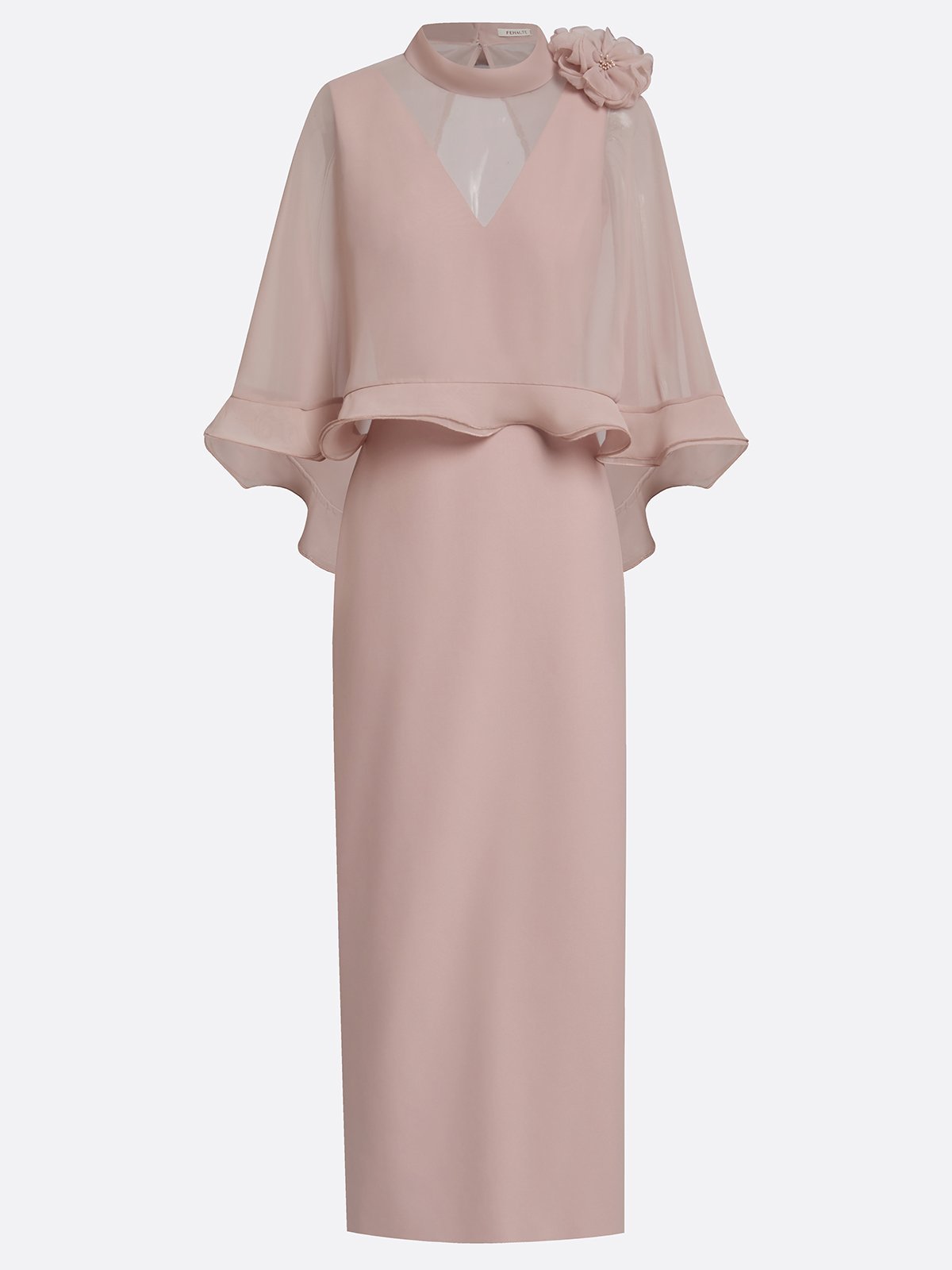Nude Pink 3D Floral Mesh Classic Mock Neck Half Sleeve Sheath Floor-length Gown Dress