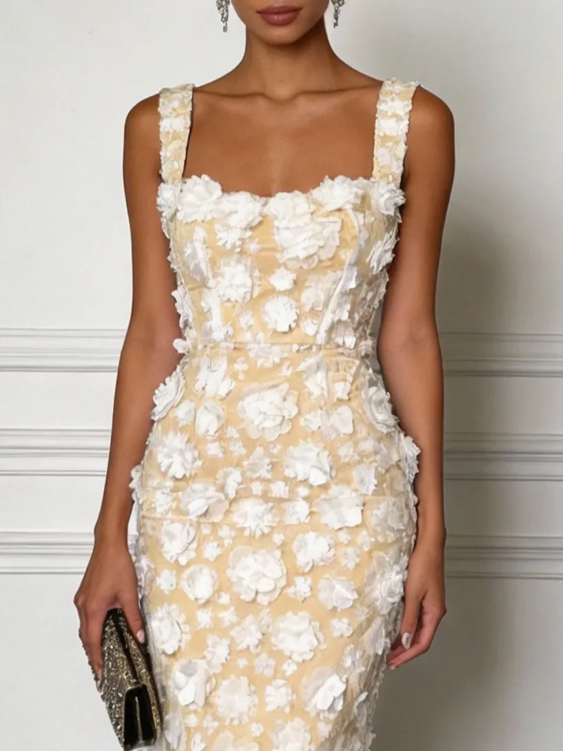 White 3D Floral Appliqué Classic Square Neck Sleeveless Sheath Midi Dress