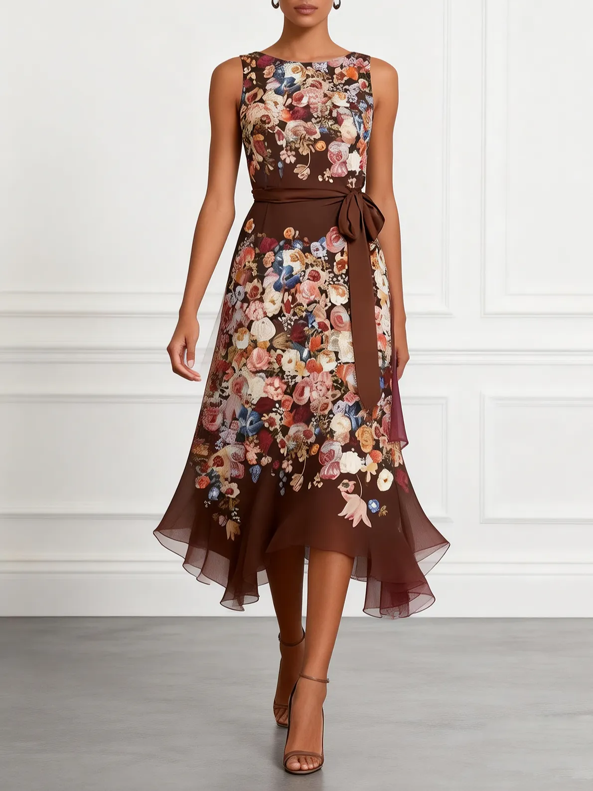 Red Brown Floral Chiffon Crew Neck Sleeveless A-Line Midi Dress - Red Brown