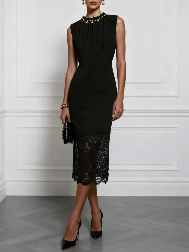 Black Faux Pearl Lace Classic Crew Neck Sleeveless Sheath Midi Dress