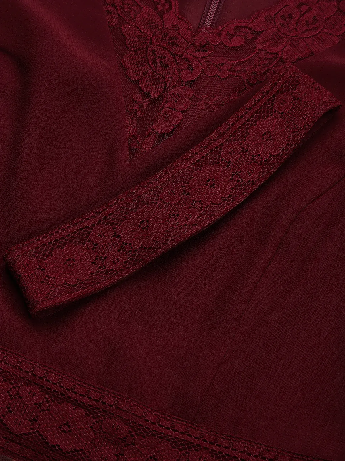 Wine Red Lace Floral Satin V Neck Short Sleeve A-Line Gown Dress