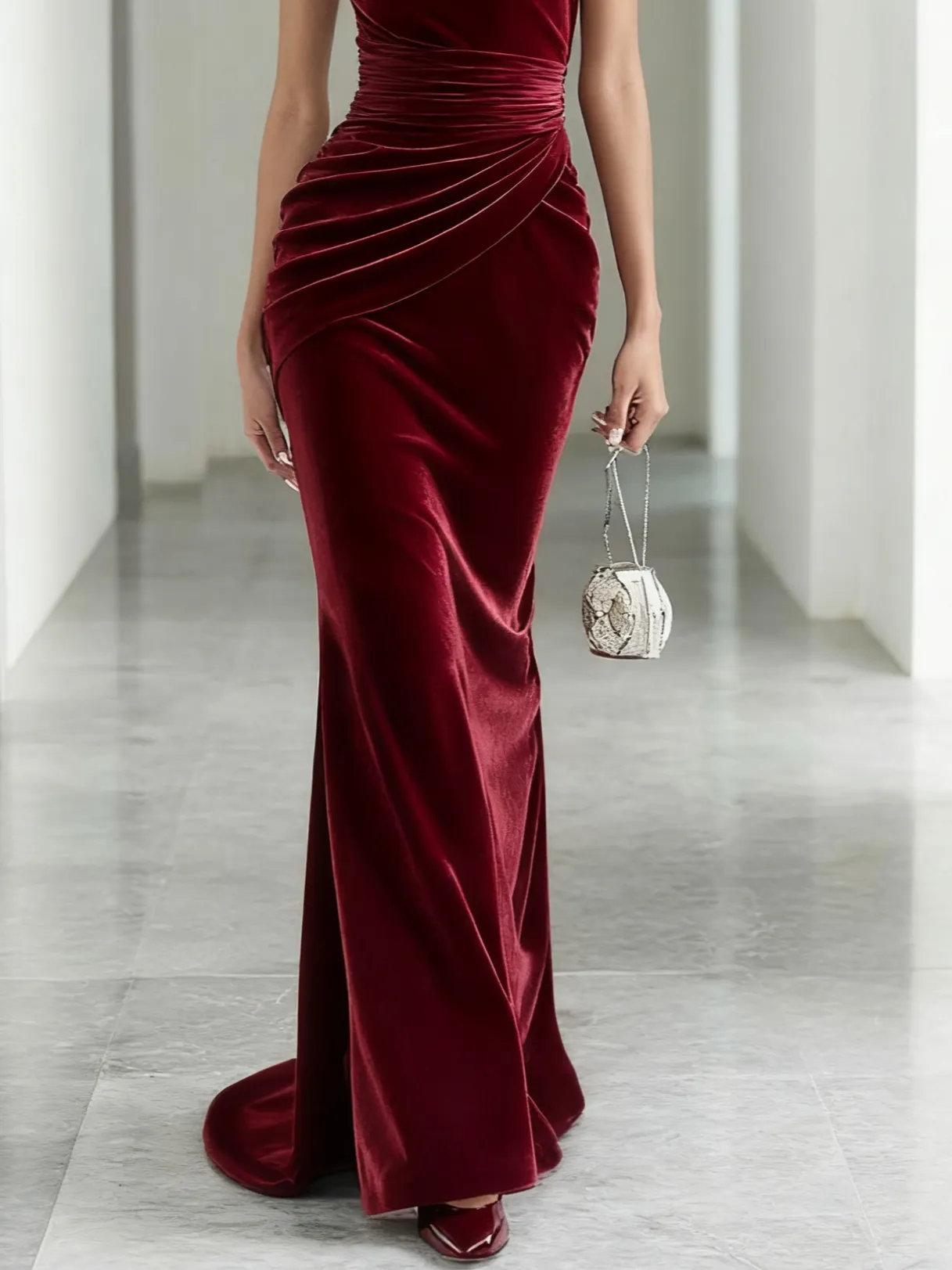Wine Red 3D Floral Velvet Strapless Sleeveless Sheath Gown Dress
