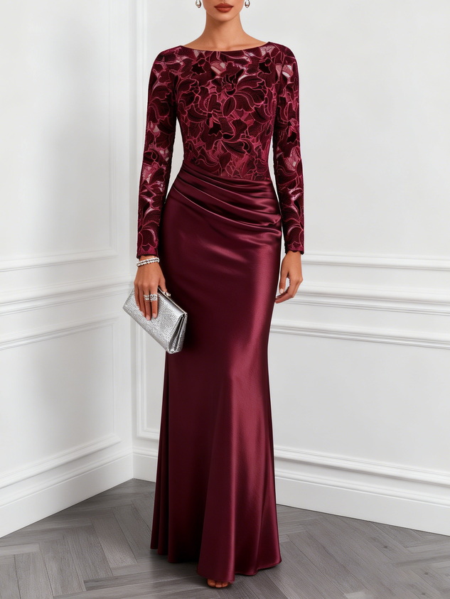 Wine Red Ruched Flocked Satin Boat Neck Long Sleeve Mermaid Floor Length Dress