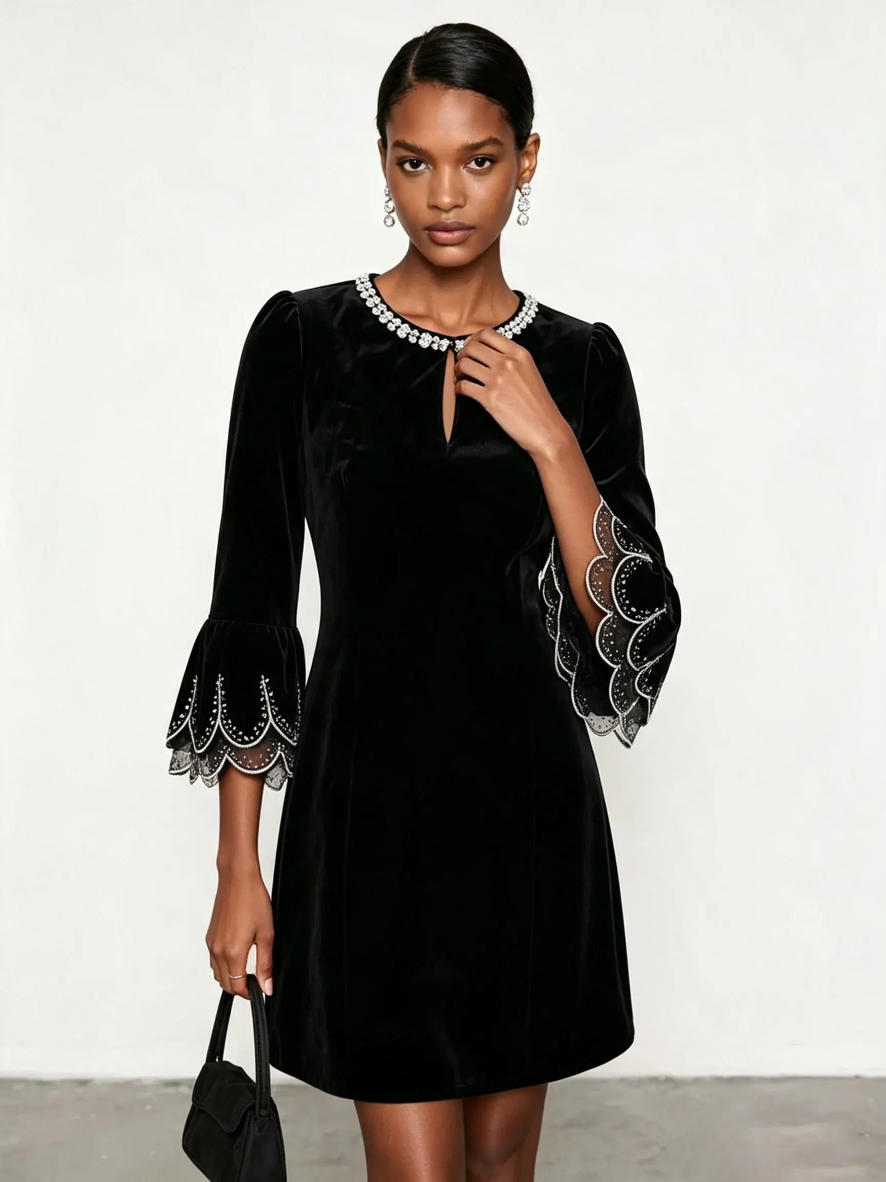 Black Rhinestone Velvet Crew Neck Three Quarter Sleeve Bell Sleeve A-Line Mini Dress