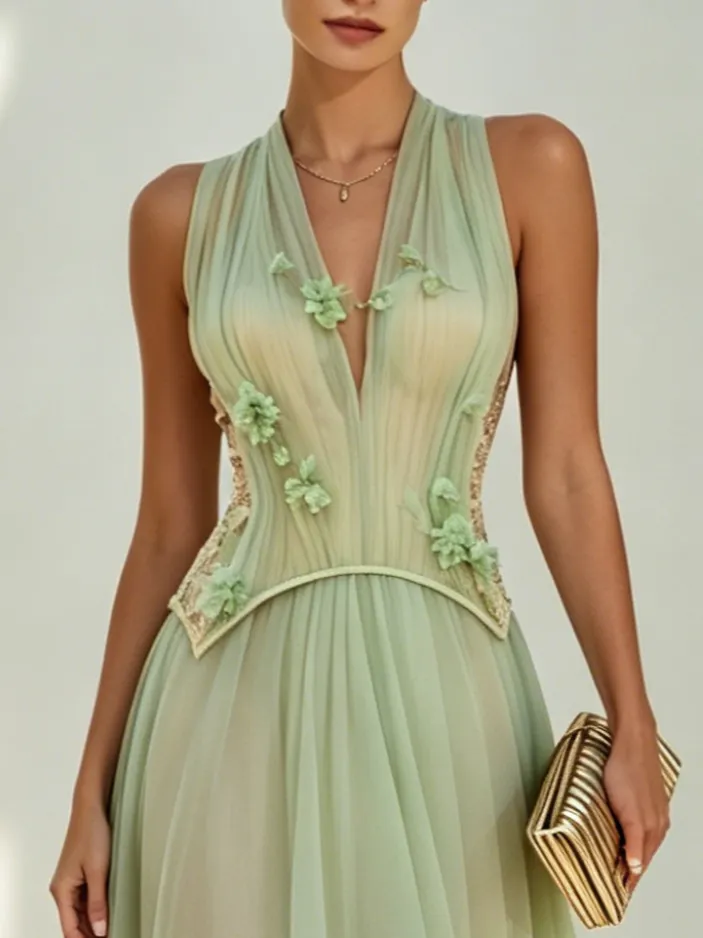 Green Chiffon V Neck Sleeveless A-Line Corset Floor-length Gown Dress