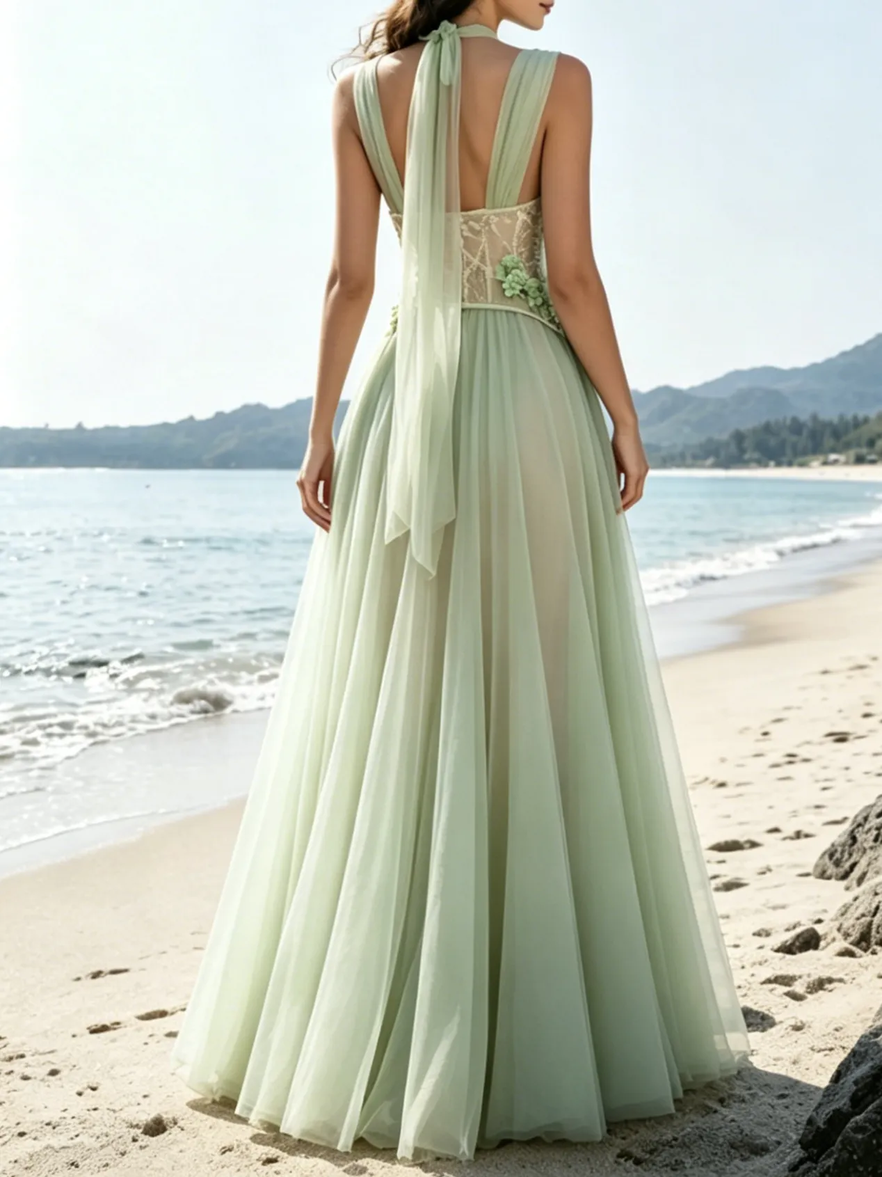 Green Chiffon V Neck Sleeveless A-Line Corset Floor-length Gown Dress - Green