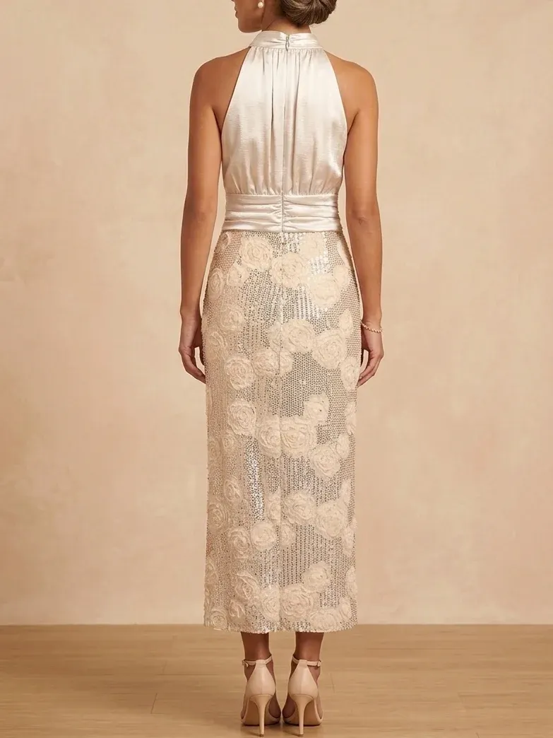 Champagne Mock Neck Satin and Rose Sequin Mother of the Bride Dress - Champagne