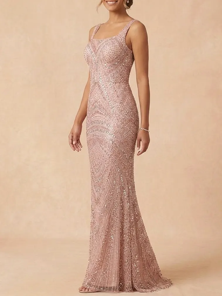 Sequin Mother of the Bride Dress - Rose Gold Geometric Beaded Maxi Gown