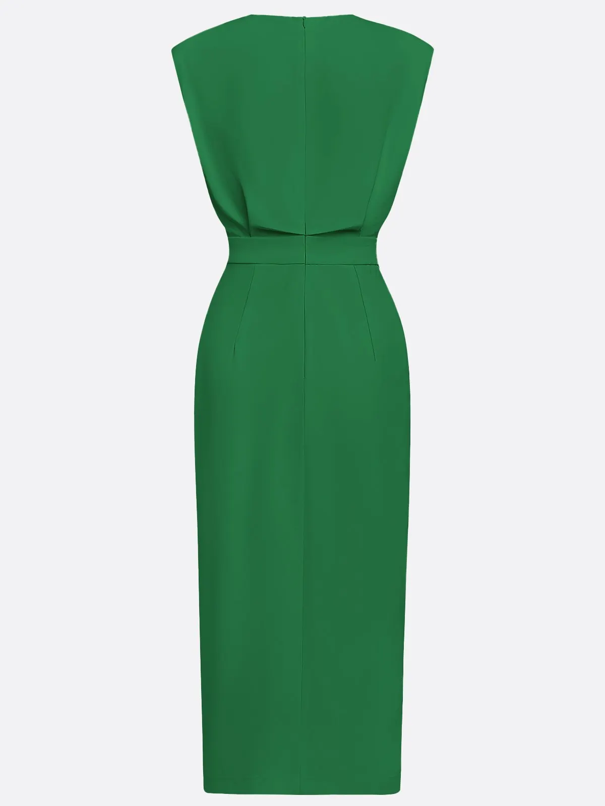 Green Buttoned Side-Slit Classic Crew Neck Sleeveless Sheath Midi Dress