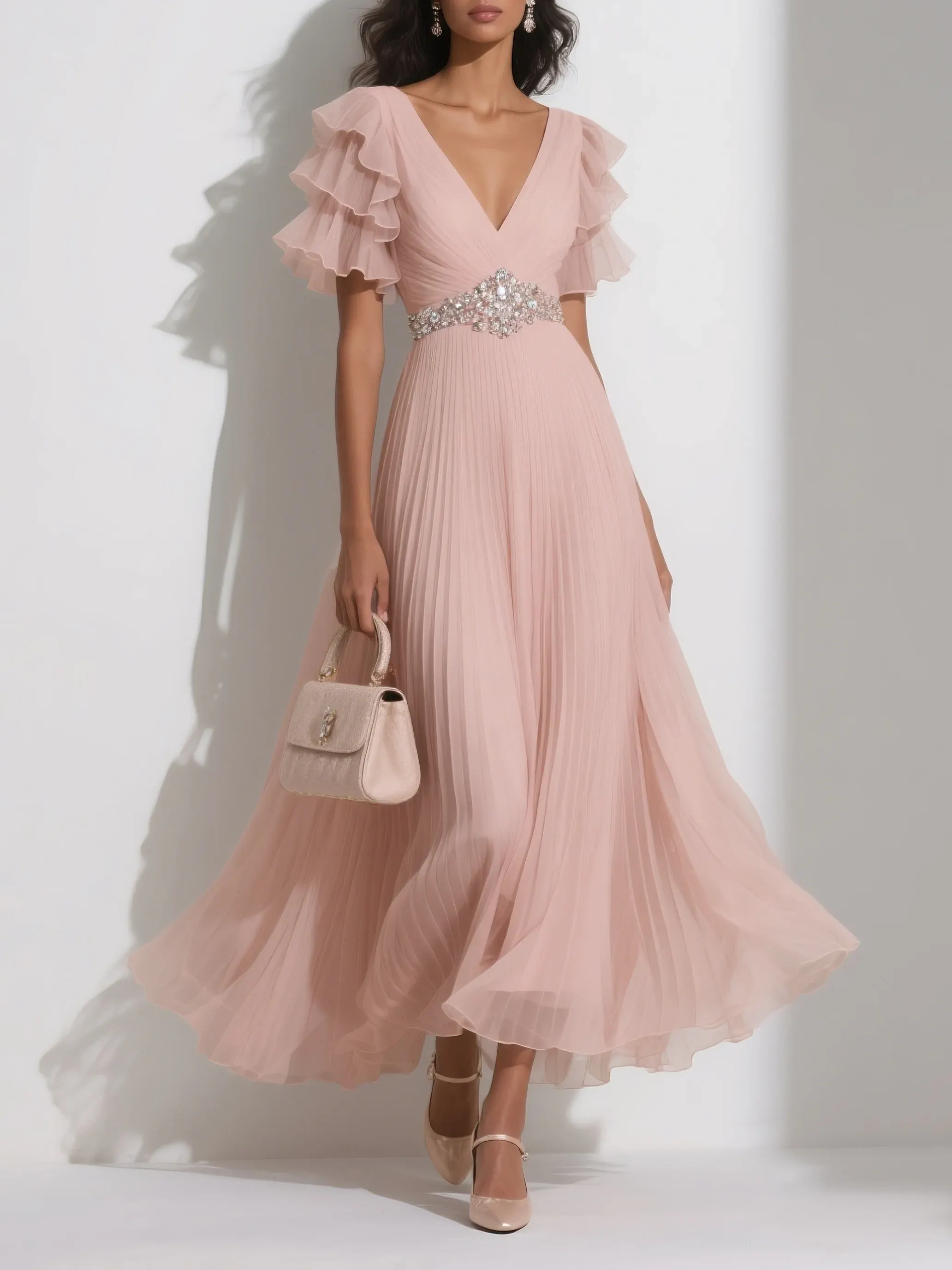 Pink Pleated Rhinestone Chiffon V Neck Short Sleeve Ruffle Sleeve A-Line Maxi Dress - Pink