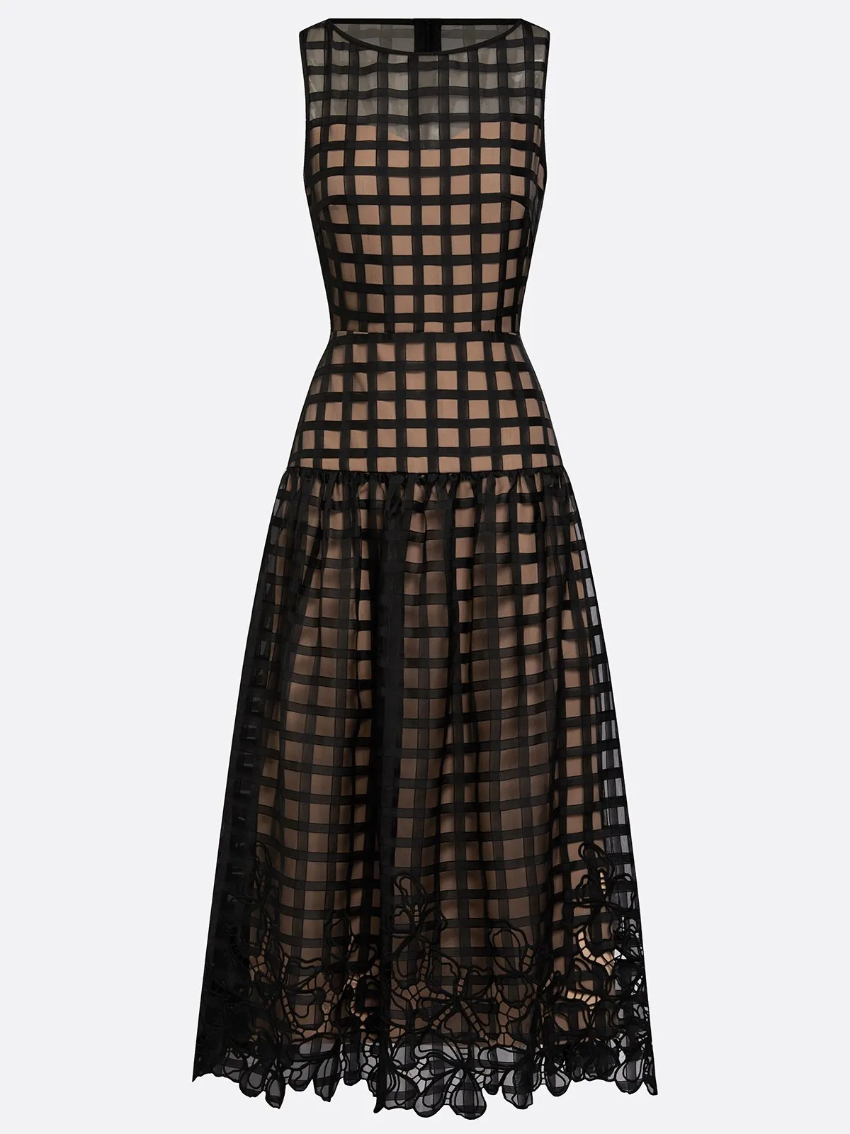 Black Floral Plaid Classic Boat Neck Sleeveless A-Line Midi Dress